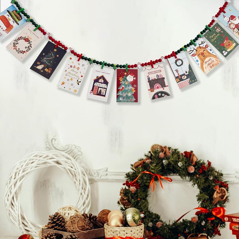 Kintyno Christmas Hanging Photo Display with 11 Clips, Wooden Beaded Christmas Tree Santa Wreath, Boho Collage Photo Frame Decoration for Dorm Room, Classroom, Bedroom - Image 4